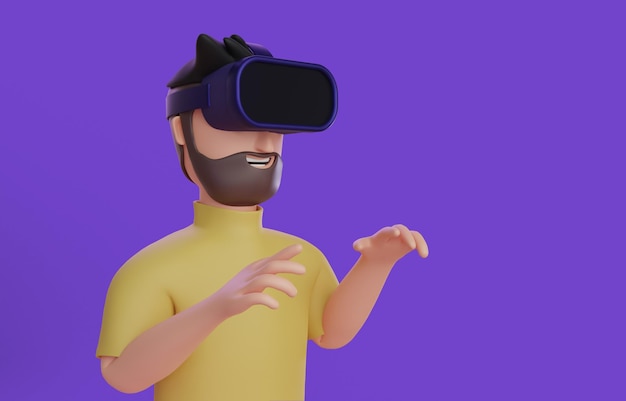 Foto homem de personagem de desenho animado com conceito de óculos vr de tecnologia e jogos com traçado de recorte