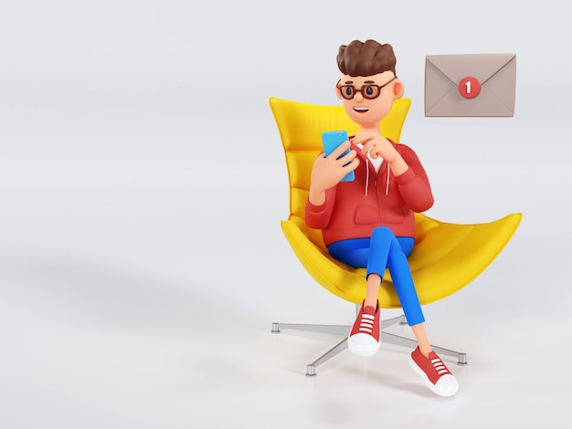 Homem de personagem de desenho animado sentado em uma cadeira com um telefone nas mãos e olhando por e-mail Ilustração em 3d do conceito de mídia social