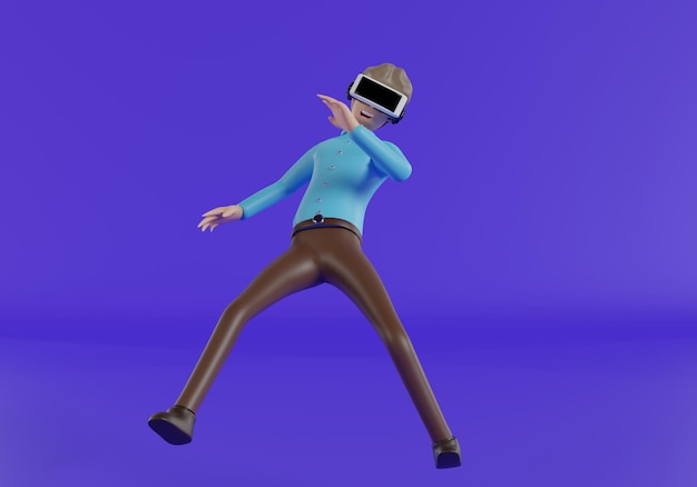 Homem de personagem de desenho animado voando ou caindo com fone de ouvido de realidade virtual isolado sobre fundo azul 3d render