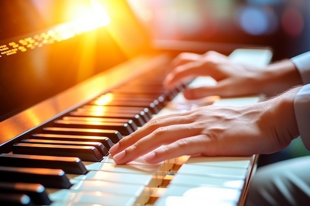 homem de piano e mãos nas teclas para música talento criativo e habilidades em estúdio em casa músico de close-up e