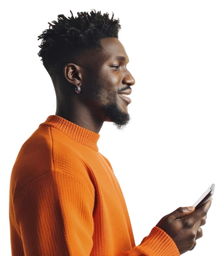 Foto homem de png sorrindo usando smartphone