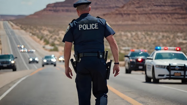 Homem de polícia na rodovia do Canyon, visão cinematográfica de baixo ângulo por trás