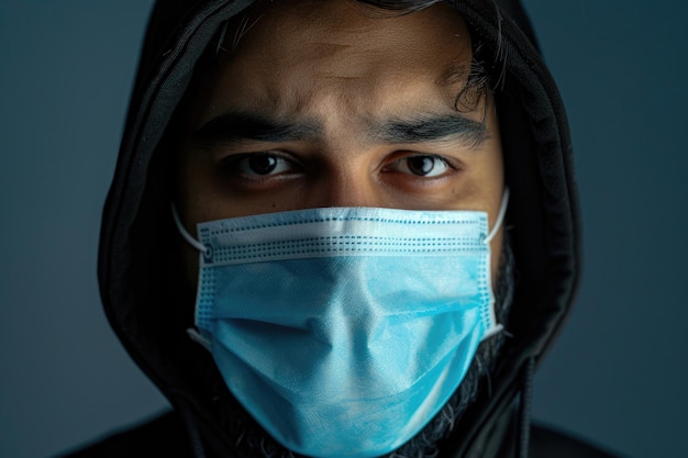 Foto homem de raça mista com capuz preto usando máscara de rosto preocupações