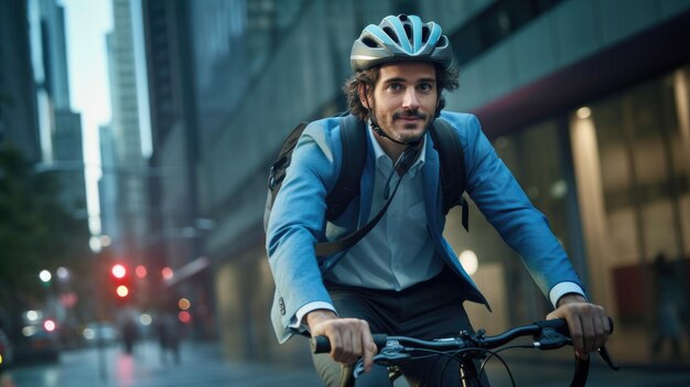 Homem de raça mista em capacete de ciclismo andando de bicicleta na cidade indo ao trabalho conceito