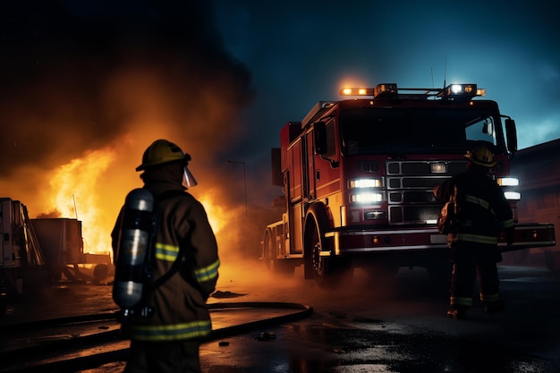 Homem de resgate de bombeiros olhando para a fumaça do incêndio analisando a escala do fogo IA geradora