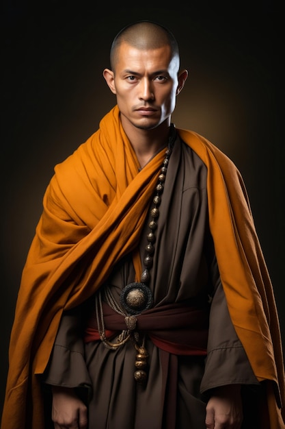Homem de roupa de monge com colar de contas IA generativa