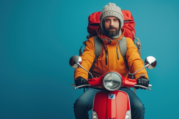 Homem de scooter vermelho com mochila