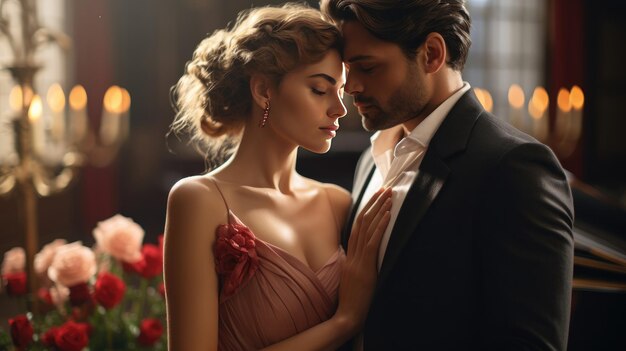 Homem de smoking beijando mulher de vestido em um evento elegante