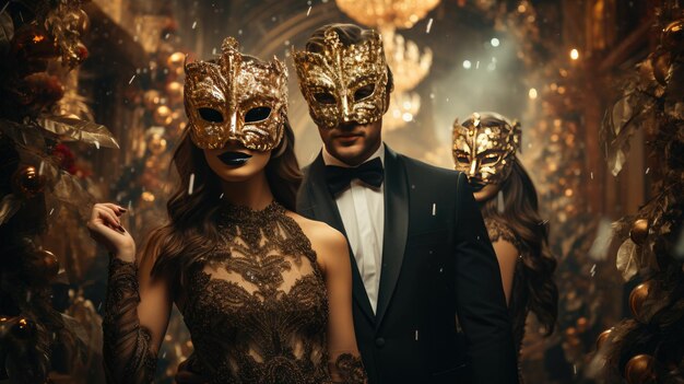 Homem de smoking de pé com mulheres mascaradas em um evento