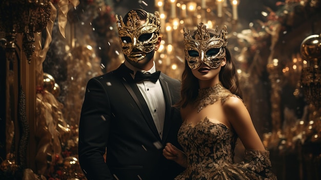 Homem de smoking em pé com mulheres mascaradas em evento