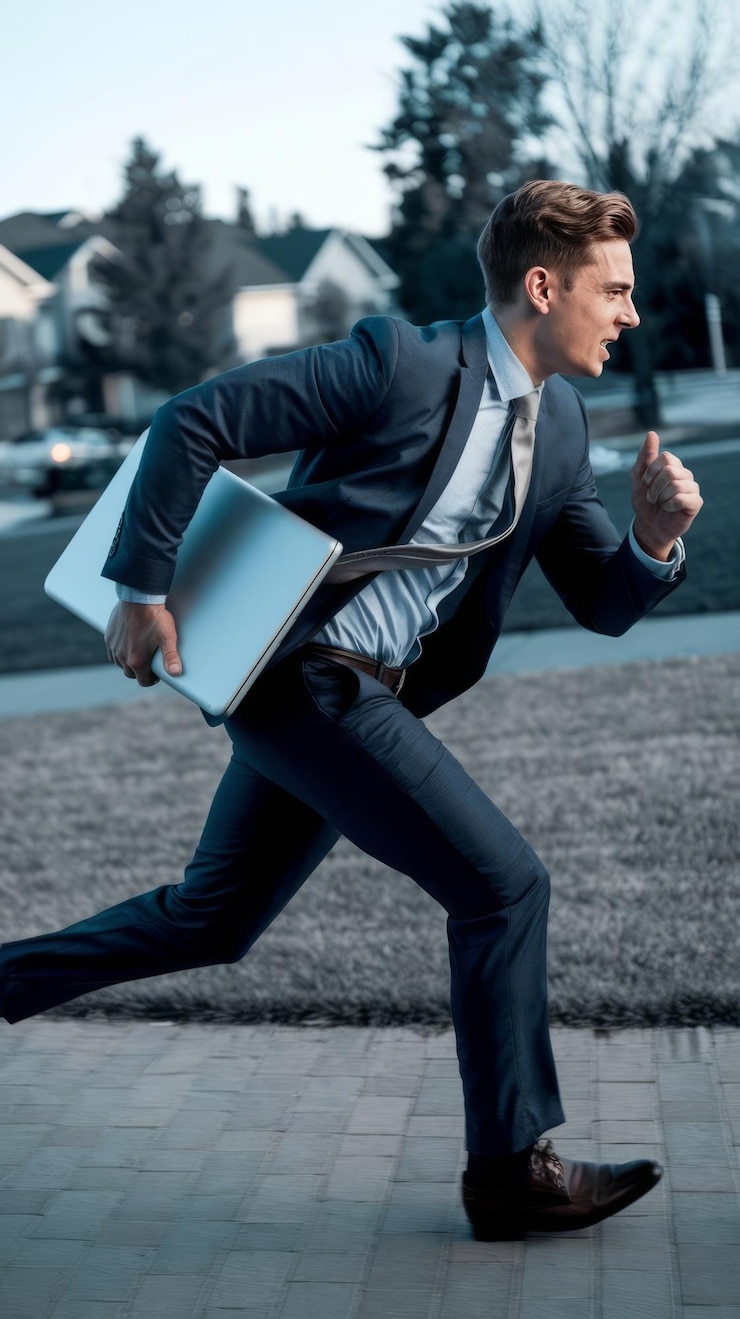 Foto homem de sucesso em roupas formais correndo com computador fora do escritório depressa