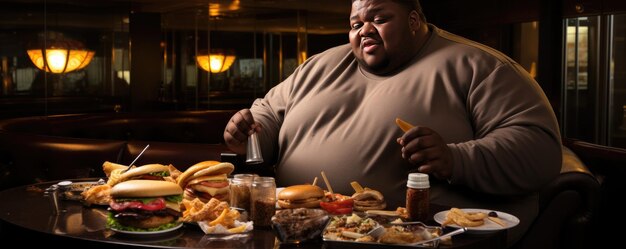 Foto homem de tamanho maior a comer junk food num restaurante.