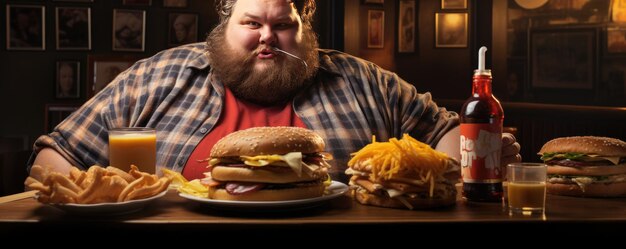 Foto homem de tamanho maior a comer junk food num restaurante.