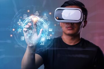 metaverso e conceito de tecnologia. moldura hexagonal e ícones do mundo  virtual, como jogar jogos online, aprender online, usar uma tela de 360  graus, usar óculos vr em fundo azul. 5631671 Vetor