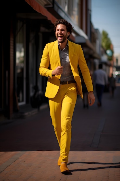 homem de terno amarelo anda alegre