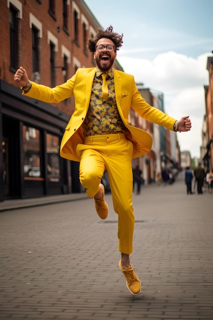 homem de terno amarelo anda alegre