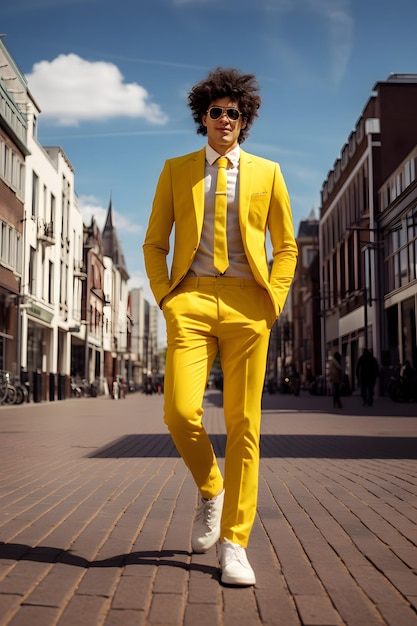 homem de terno amarelo anda alegre