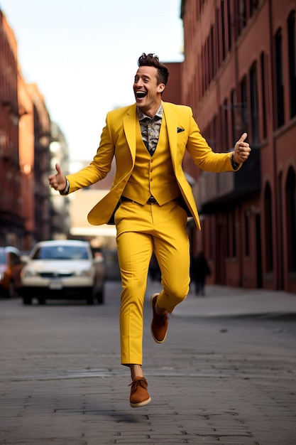 homem de terno amarelo anda alegre