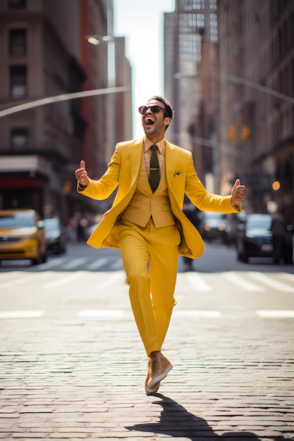 homem de terno amarelo anda alegre