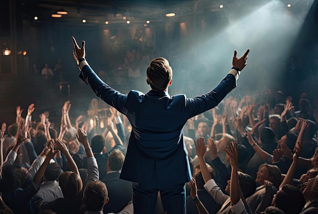 homem de terno azul parado ao lado de uma plateia e levantando os braços