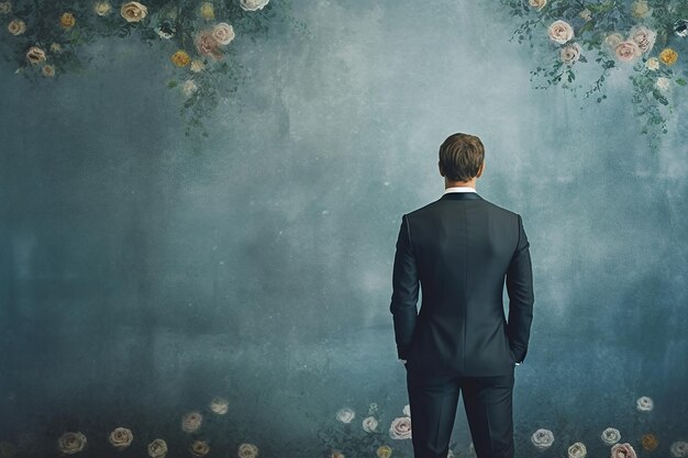 Homem de terno de frente para a parede de textura floral contemplando