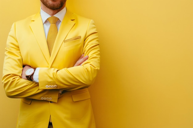 Homem de terno de negócios amarelo posando contra um fundo amarelo