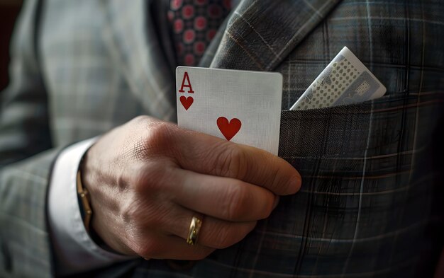 Foto homem de terno elegante segurando cartas de as de perto um símbolo de sorte e estratégia em jogos estilo profissional de classe para eventos competitivos ia