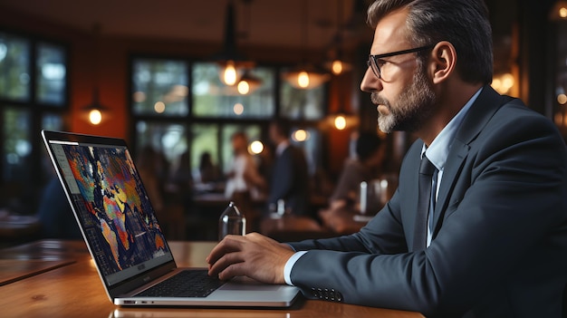 homem de terno usando um laptop em um restaurante IA generativa