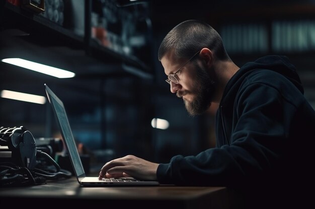 Homem de tiro médio trabalhando com laptop