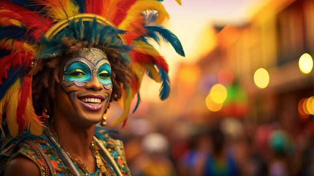 Foto homem de trajes coloridos e penas