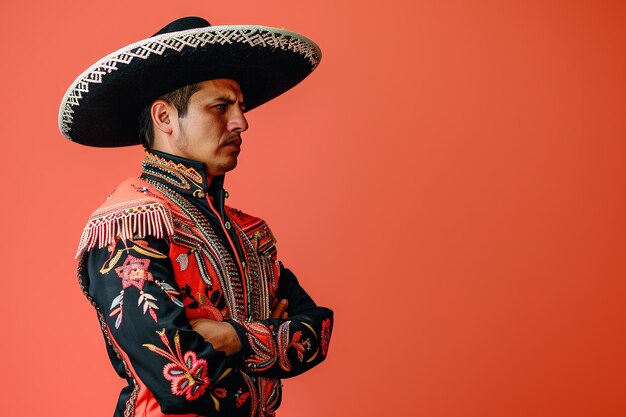 Homem de trajes tradicionais mexicanos posa com confiança