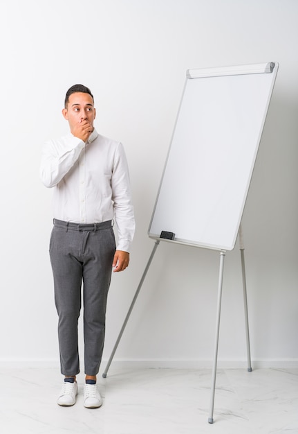 Homem de treinamento latino novo com um quadro branco pensativo olhando para um espaço em branco, cobrindo a boca com a mão.