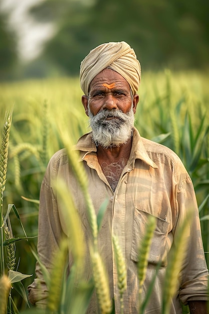 Homem de turbante de pé no campo de trigo
