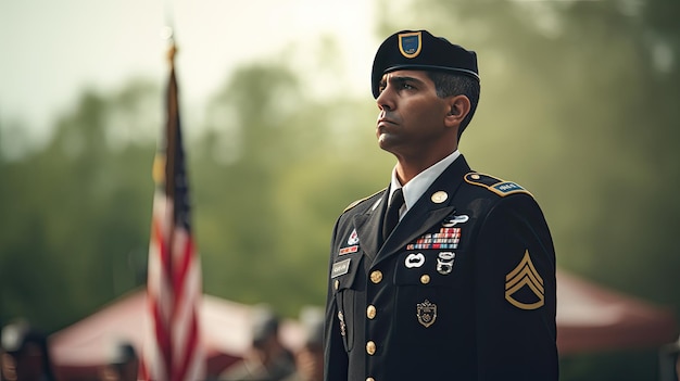 Homem de uniforme em frente a uma cerca em um dia ensolarado Memorial Day