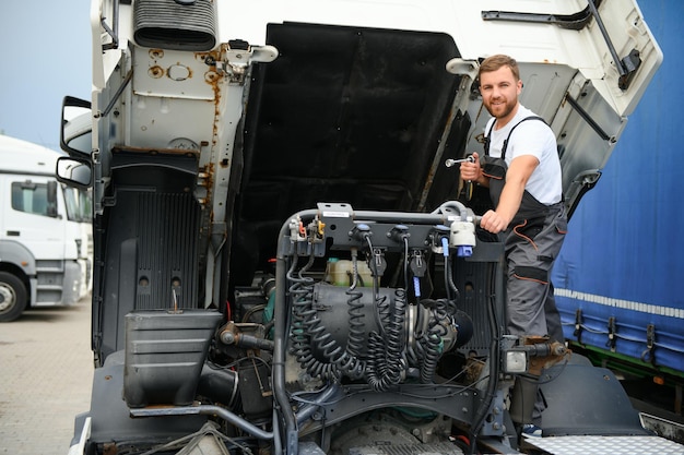 Foto homem de uniforme reparação de caminhão mau funcionamento do carro