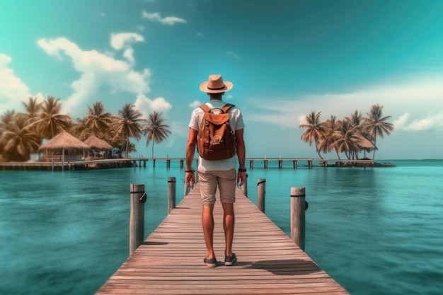 Homem de viagem solo com mochila no verão Homem à beira-mar desfrutando de liberdade e vida IA generativa