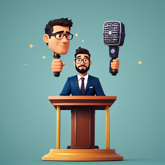 Foto homem debate no podium segurando microfone icon vector de cartoon ilustração pessoas tecnologia icon conceito isolado premium vector flatcartoon estilo