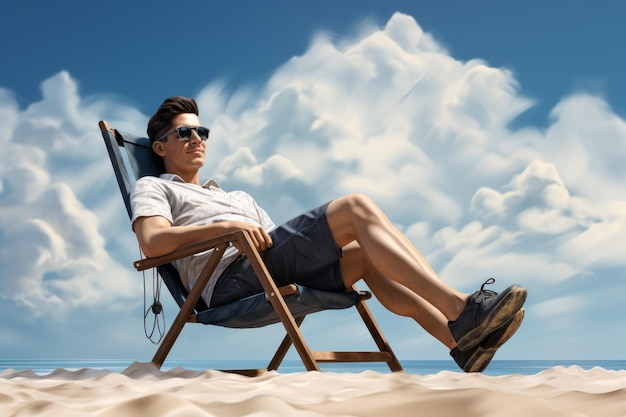 Foto homem deitado na cadeira de praia férias no mar relaxar gerar ai