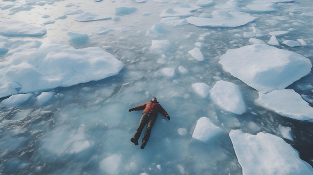 Foto homem deitado num lago congelado