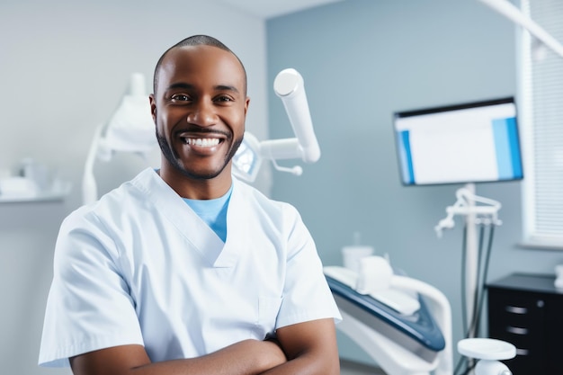 Homem dentista africano sorrindo enquanto está de pé na clínica dentária