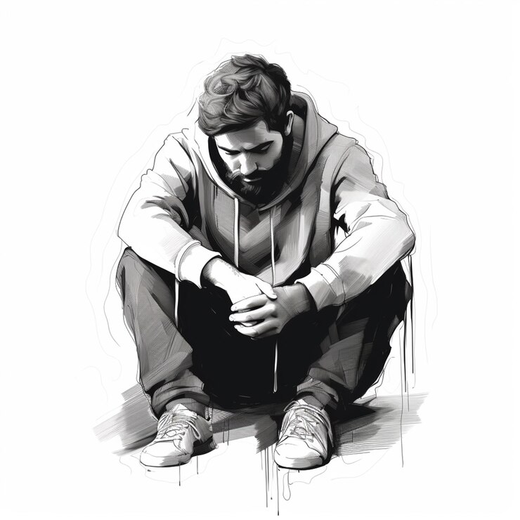 Foto homem deprimido sentado esboço arte fundo branco