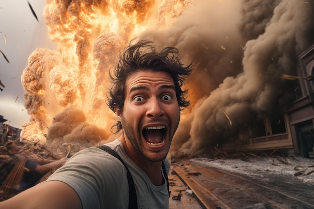 Homem desafiando desastres naturais em formato selfie