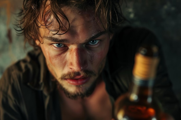 Homem descuidado angustiado e segurando rum em um espaço mal iluminado