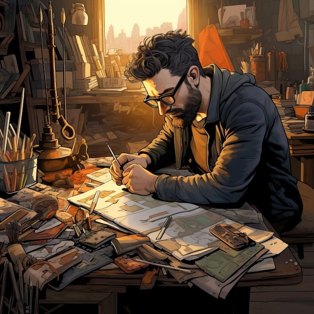 homem desenhando com canetas e lápis no estilo de ferramentas de pintura e escrita