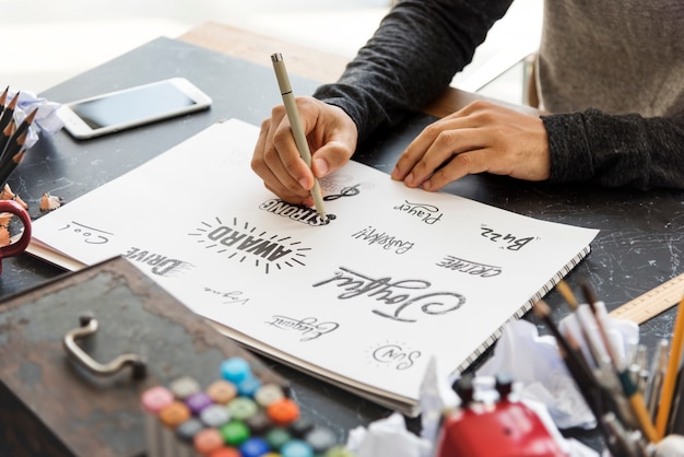Homem desenho Illustartion Pad papel paleta Font Design palavras