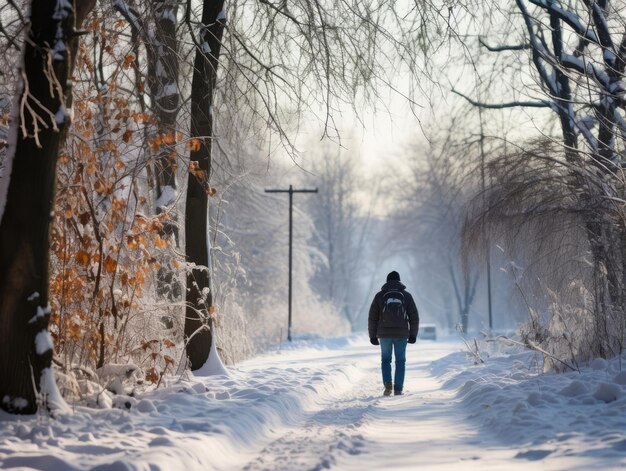 homem desfruta de uma caminhada tranquila em um dia de inverno