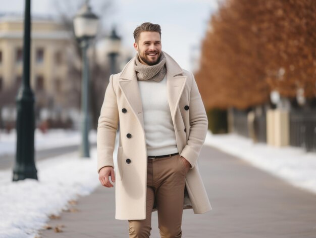 homem desfruta de uma caminhada tranquila em um dia de inverno