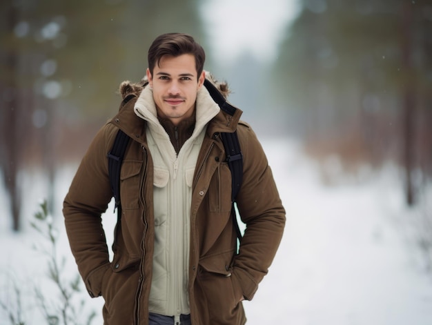 homem desfruta de uma caminhada tranquila em um dia de inverno