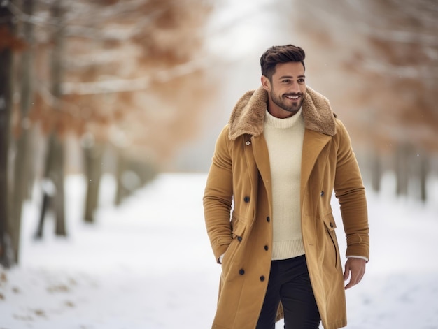 homem desfruta de uma caminhada tranquila em um dia de inverno