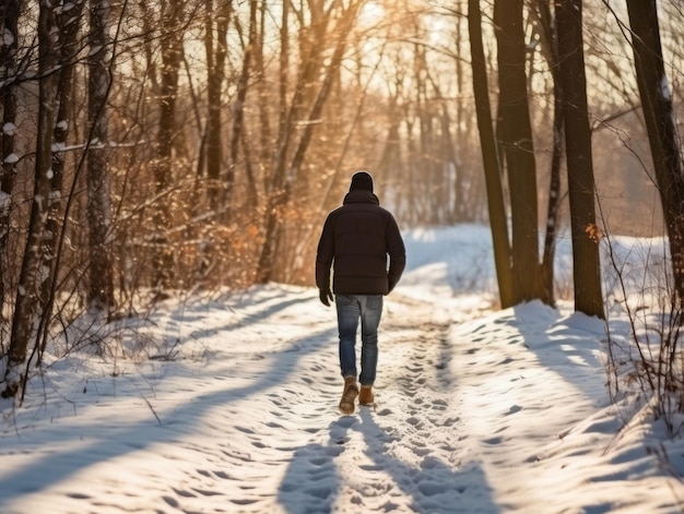 homem desfruta de uma caminhada tranquila em um dia de inverno